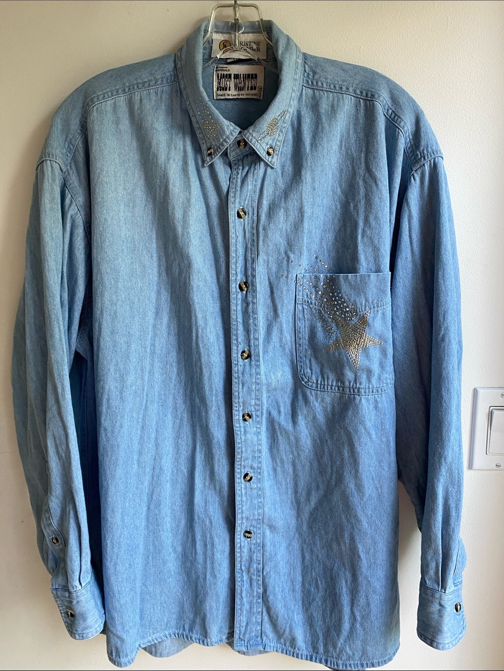 Vintage Christine Alexander Denim Oversized Shirt Rhinestones Large USA Made